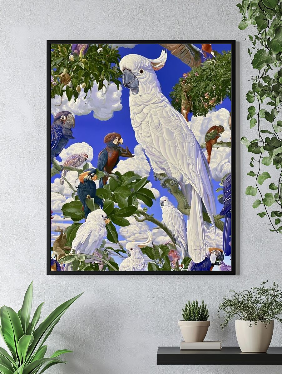 Tropical Parrots in the Sky Poster. — room view 4
