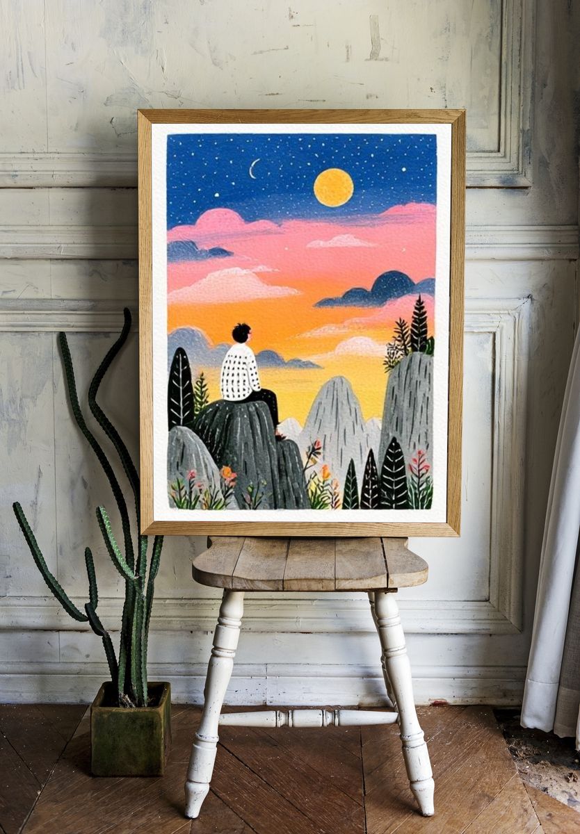 Dreamy Sunset Landscape Illustration Poster. room preview