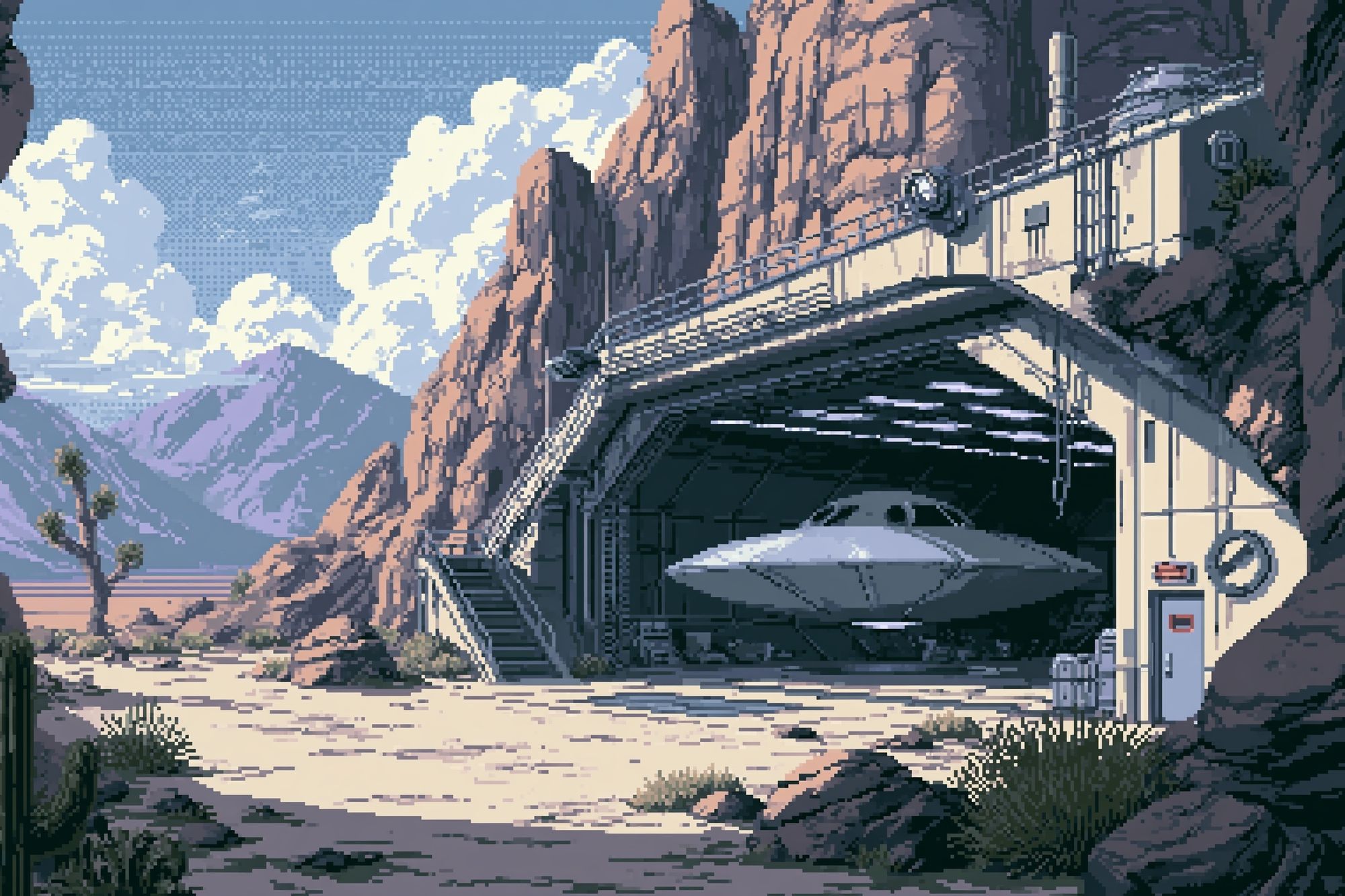 Desert UFO Hangar Pixel Art Poster. poster detail