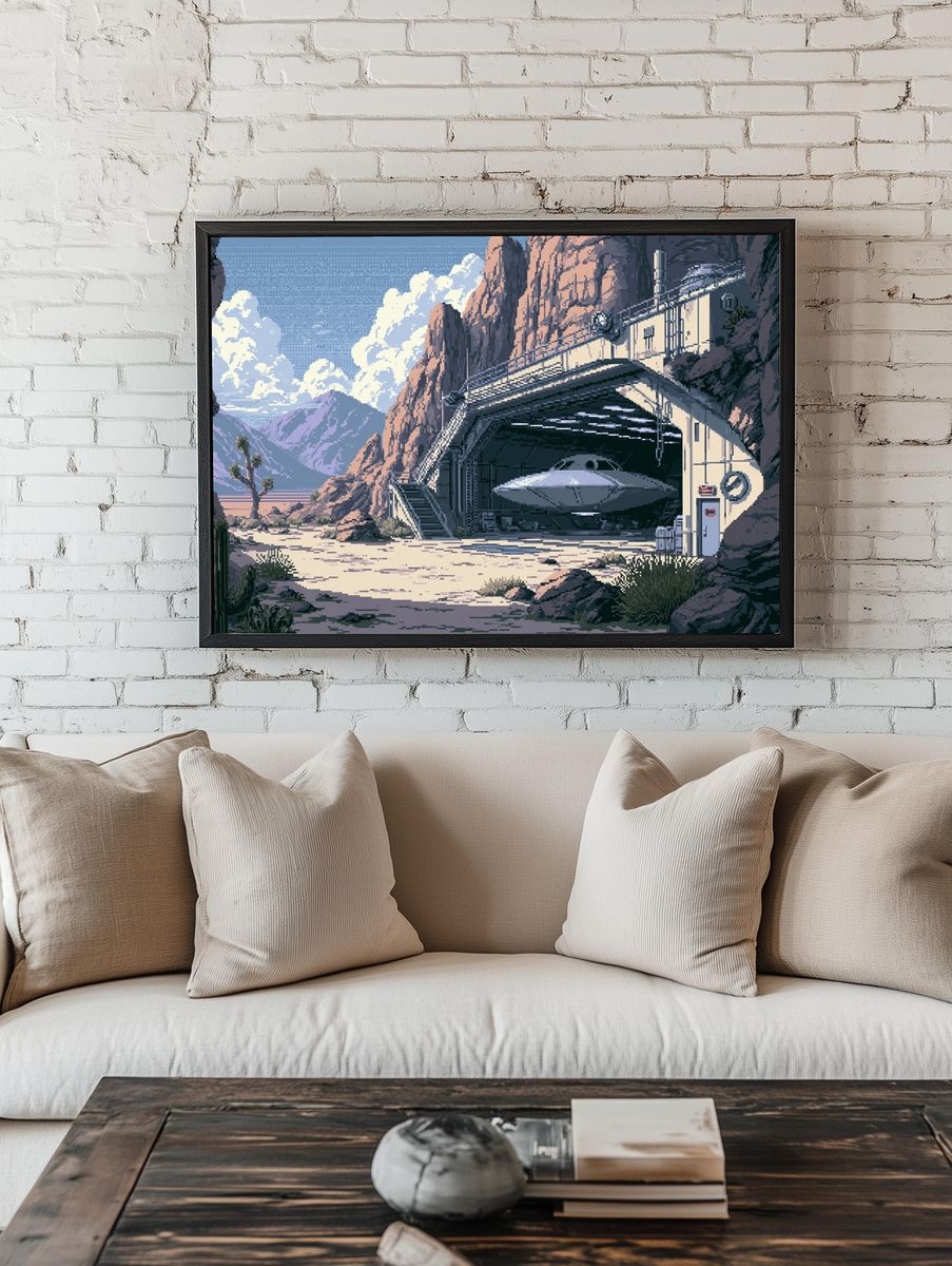 Desert UFO Hangar Pixel Art Poster. room preview