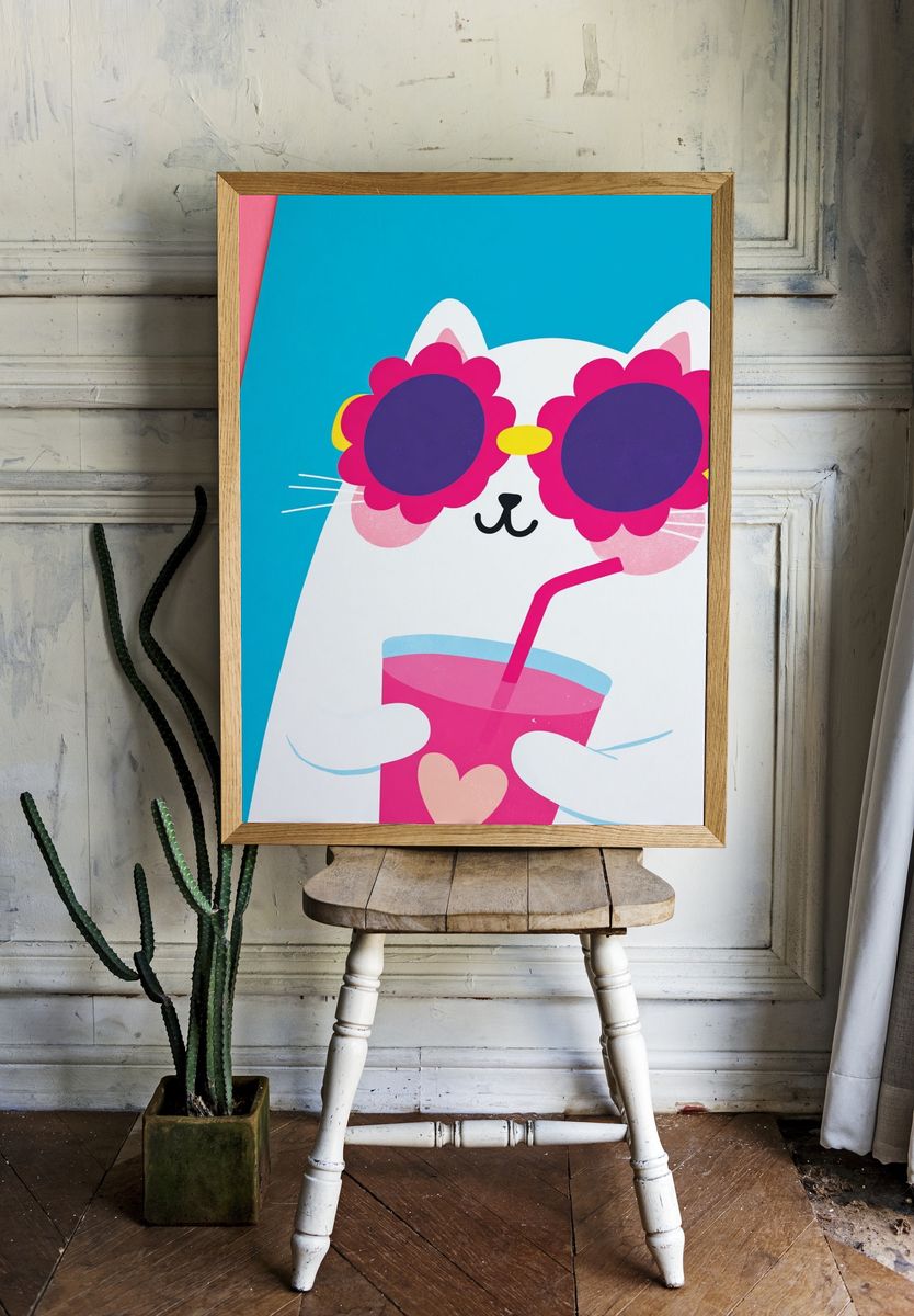 Cool Cat with Drink Cartoon Poster. room preview
