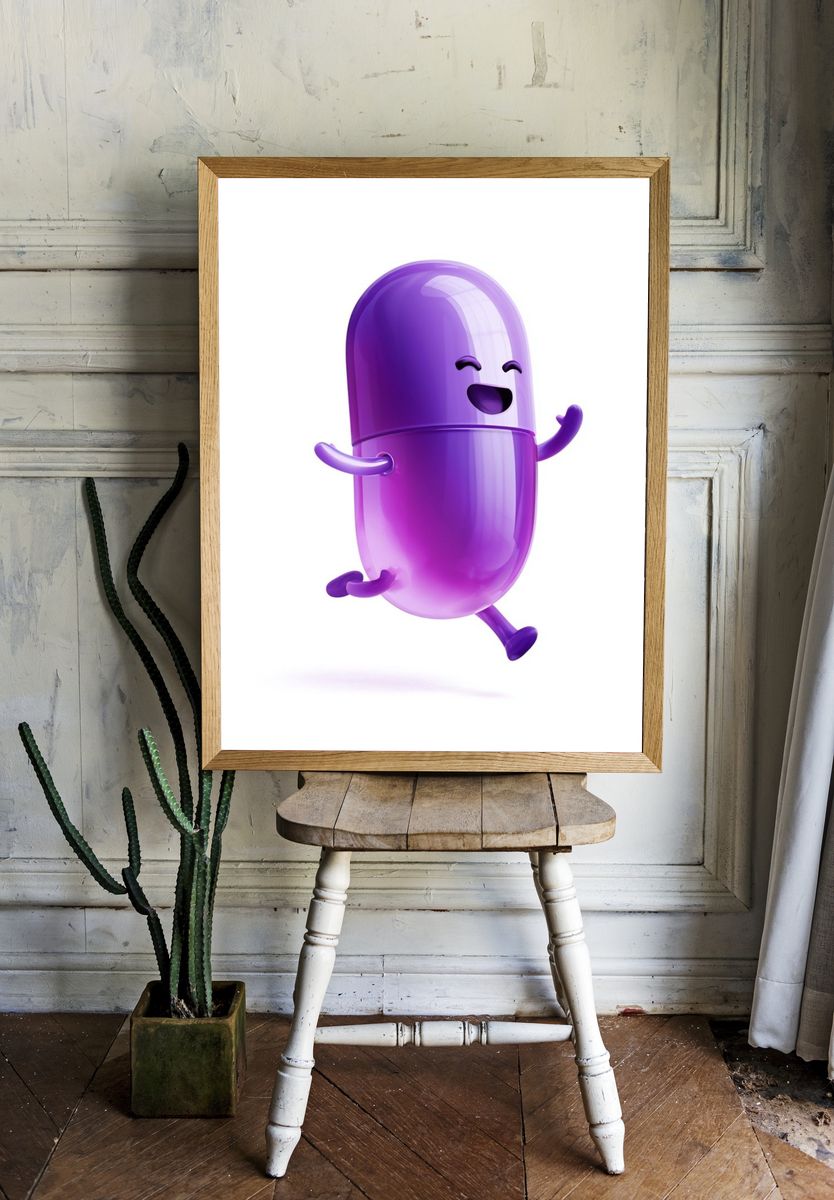 Happy Purple Capsule Illustration Poster. — room view 1