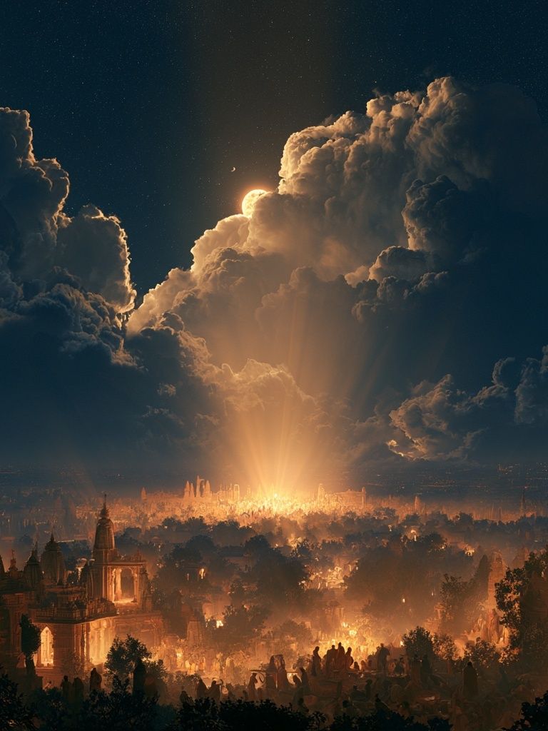 Moonlit Temple City Fantasy Print. poster — illustration art
