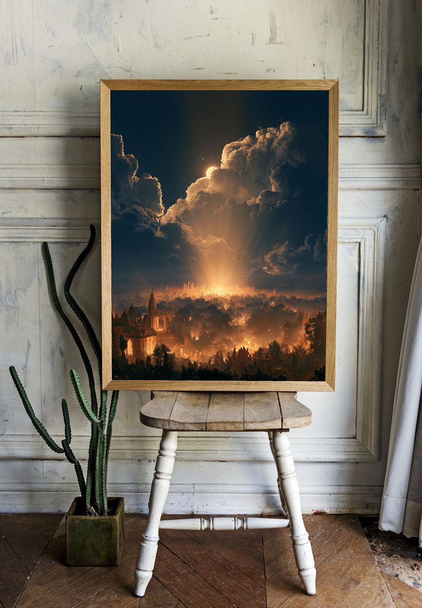 Moonlit Temple City Fantasy Print. room preview
