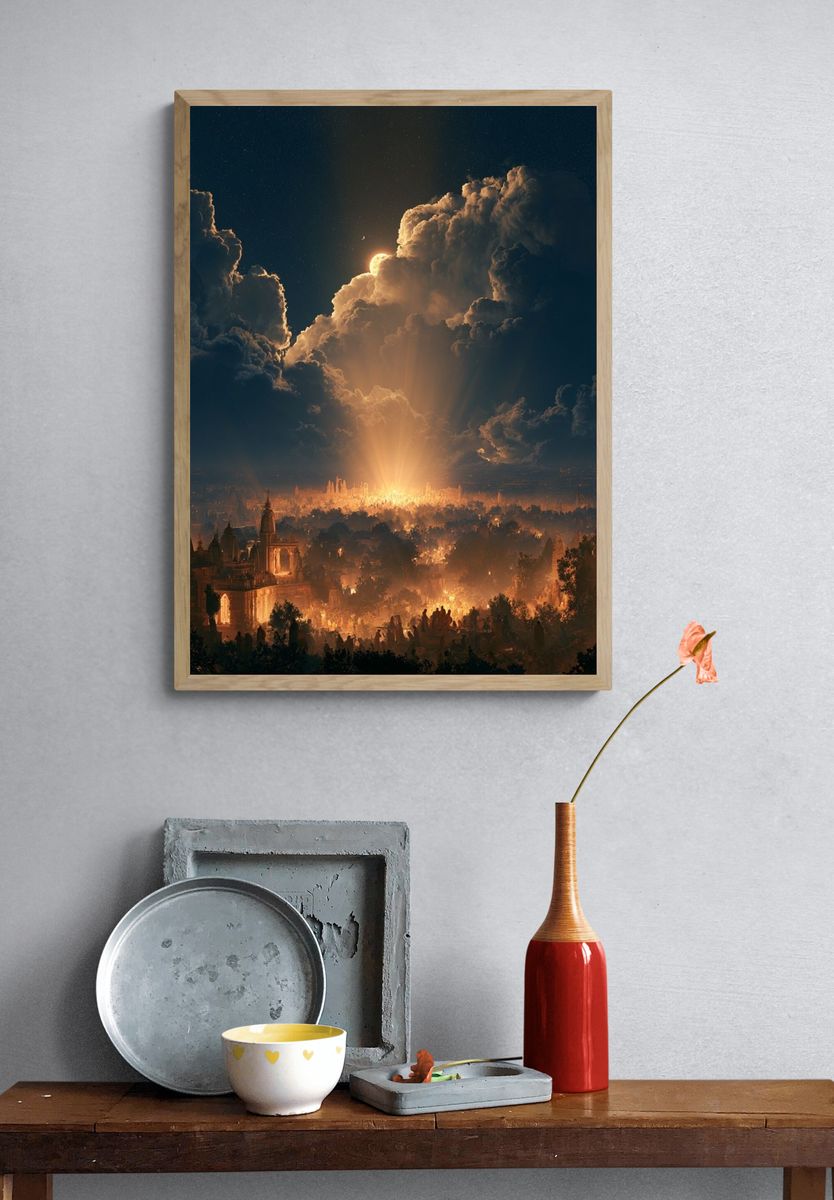 Moonlit Temple City Fantasy Print. — room view 3