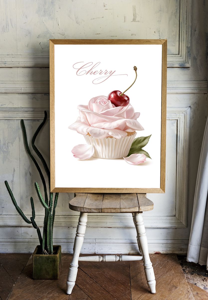 Cherry Cupcake Illustration Print. room preview