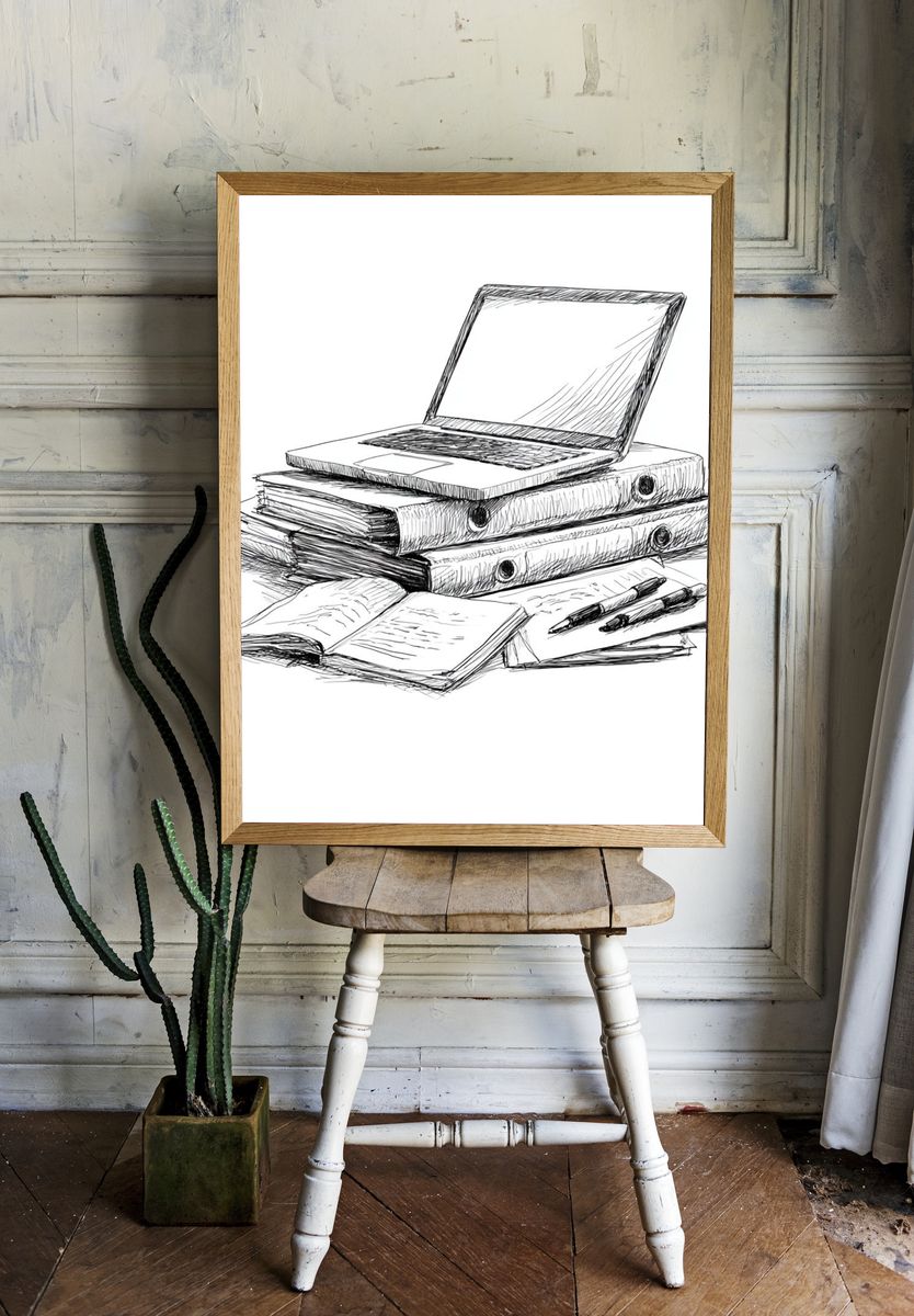 Laptop Study Desk Illustration Poster. — room view 1