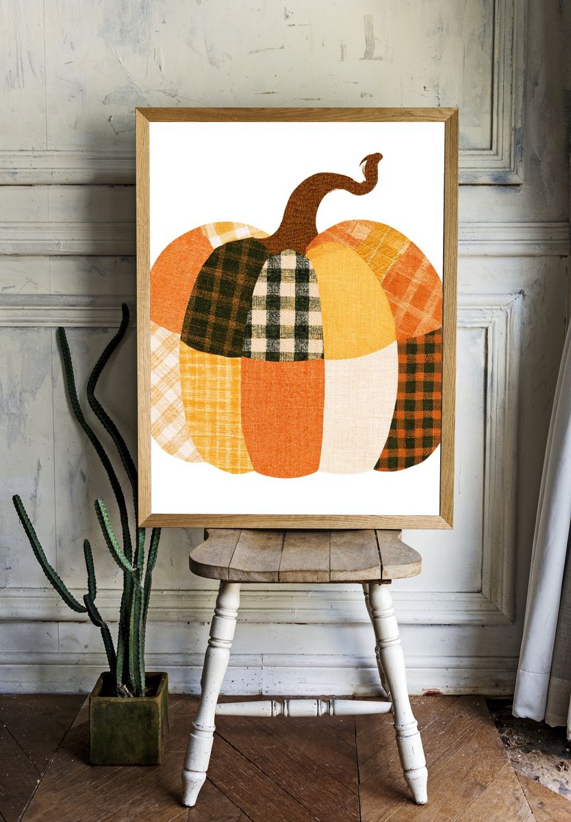 Patchwork Pumpkin Illustration Poster. room preview