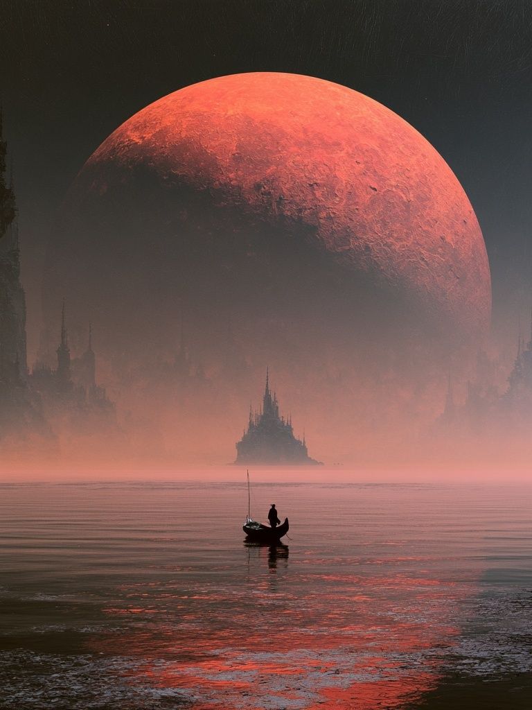 Red Moon Seascape Fantasy Print. poster — illustration art