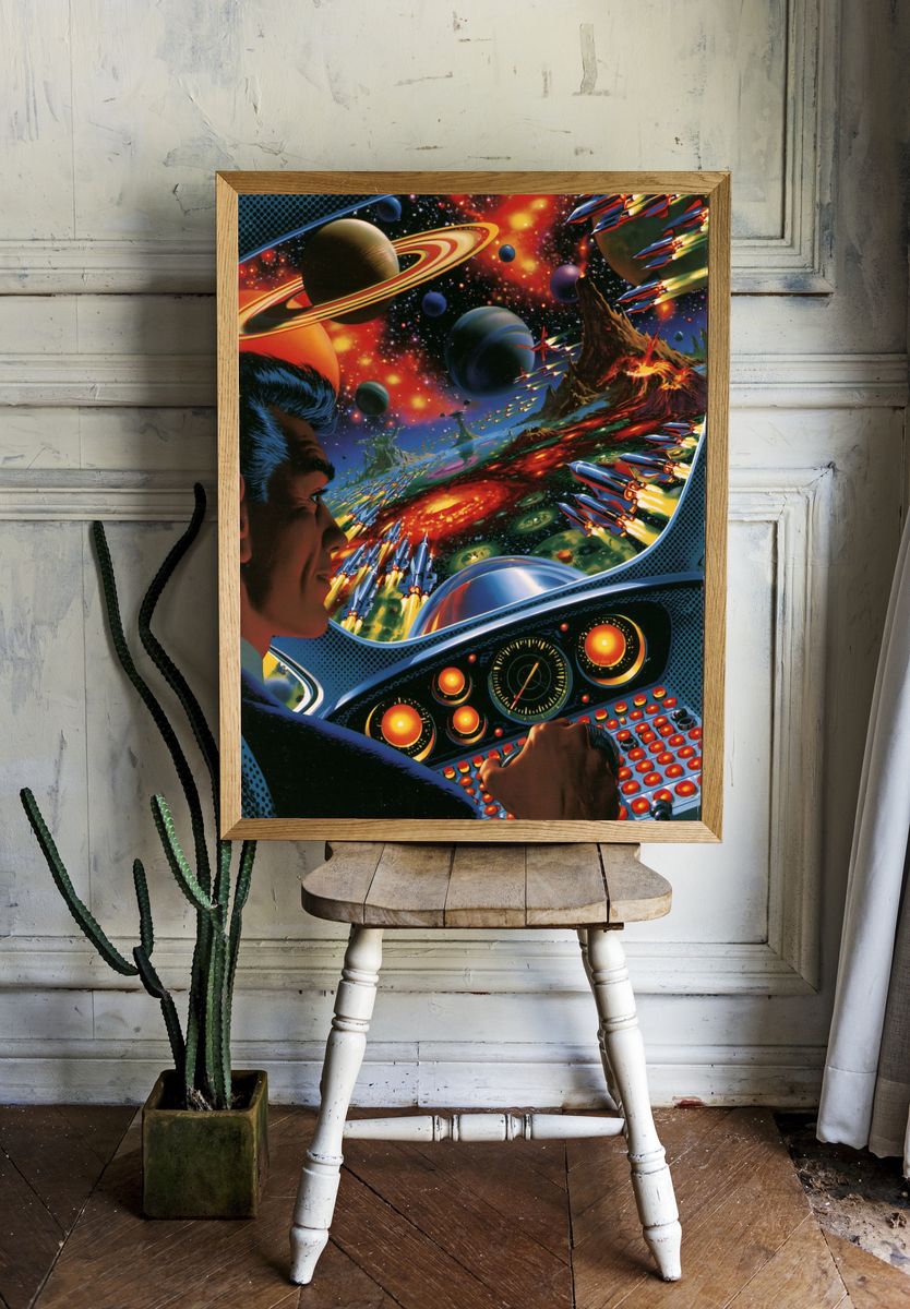Retro Space Battle Illustration Poster. — room view 1