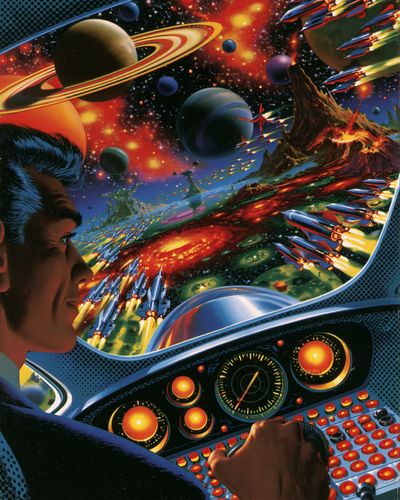 Retro Space Battle Illustration Poster. poster