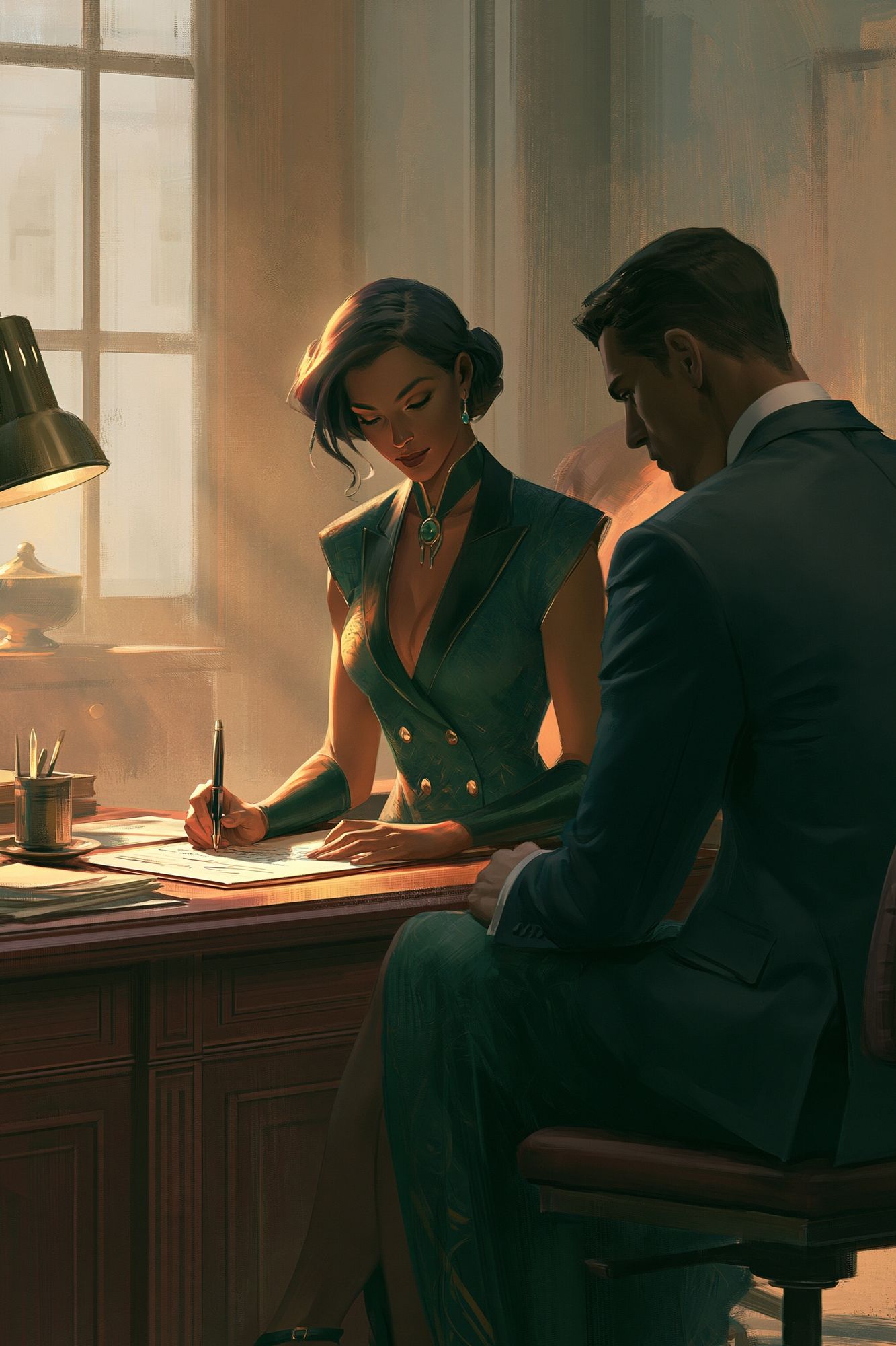 Elegant Office Scene Illustration Poster. poster detail