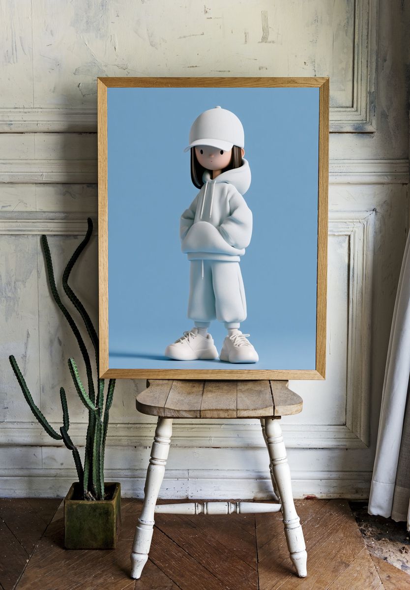 Minimalist Girl in White Hoodie Poster. — room view 1