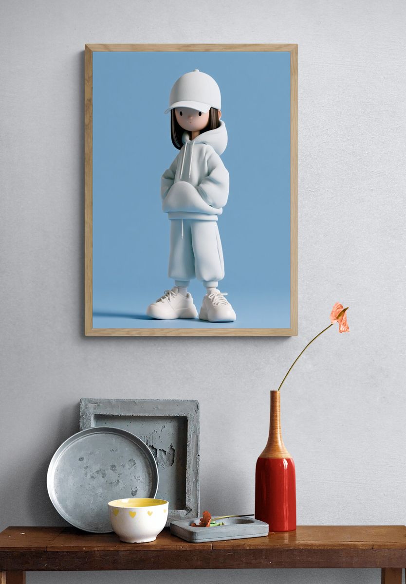 Minimalist Girl in White Hoodie Poster. — room view 3