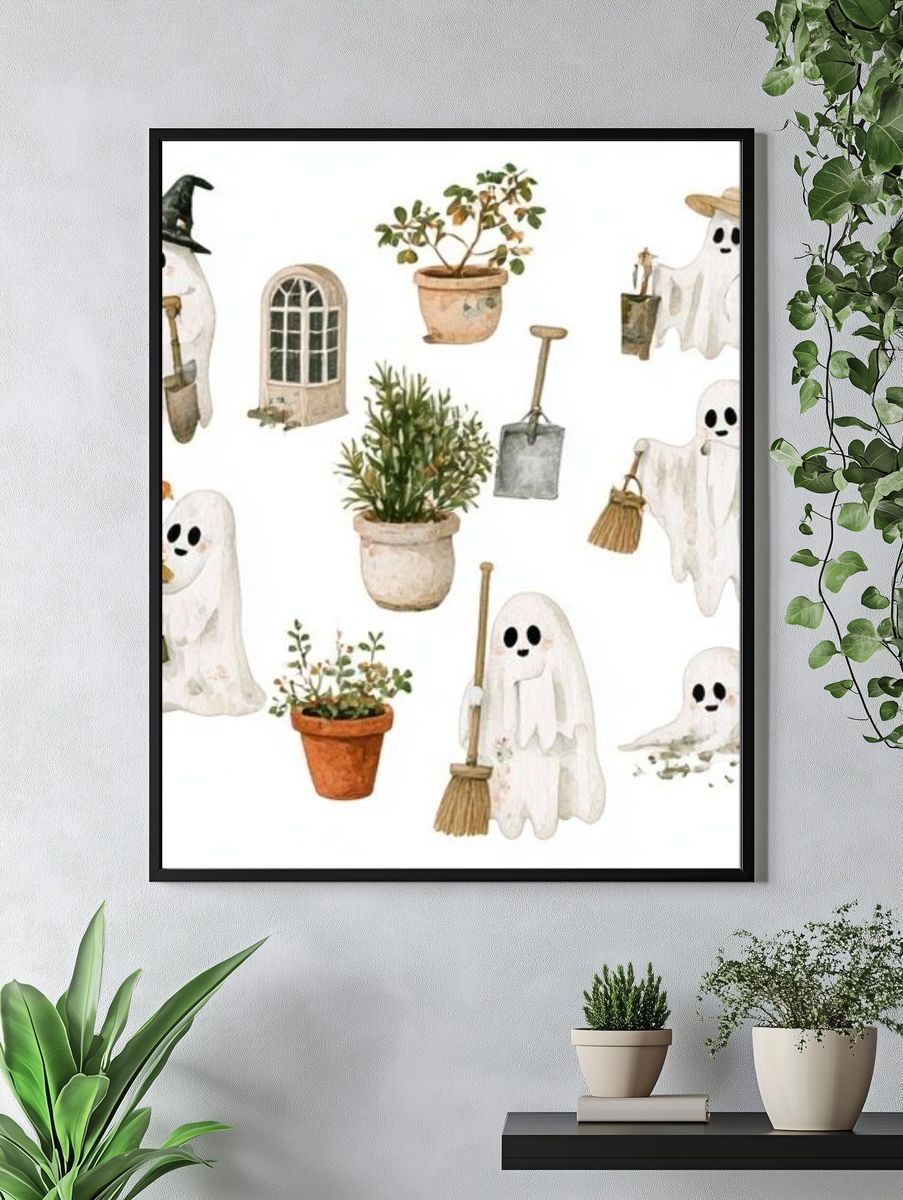 Halloween Ghost Garden Illustration Poster. — room view 4