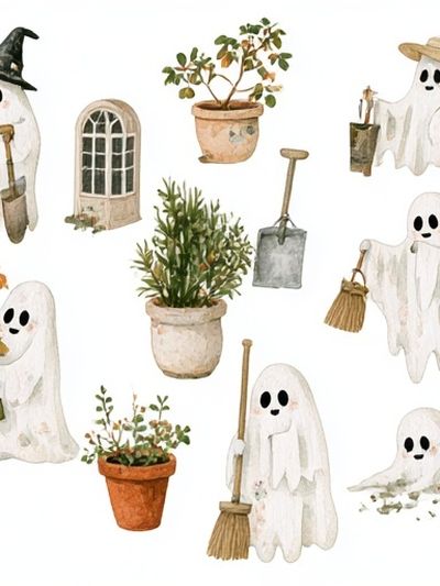 Halloween Ghost Garden Illustration Poster.