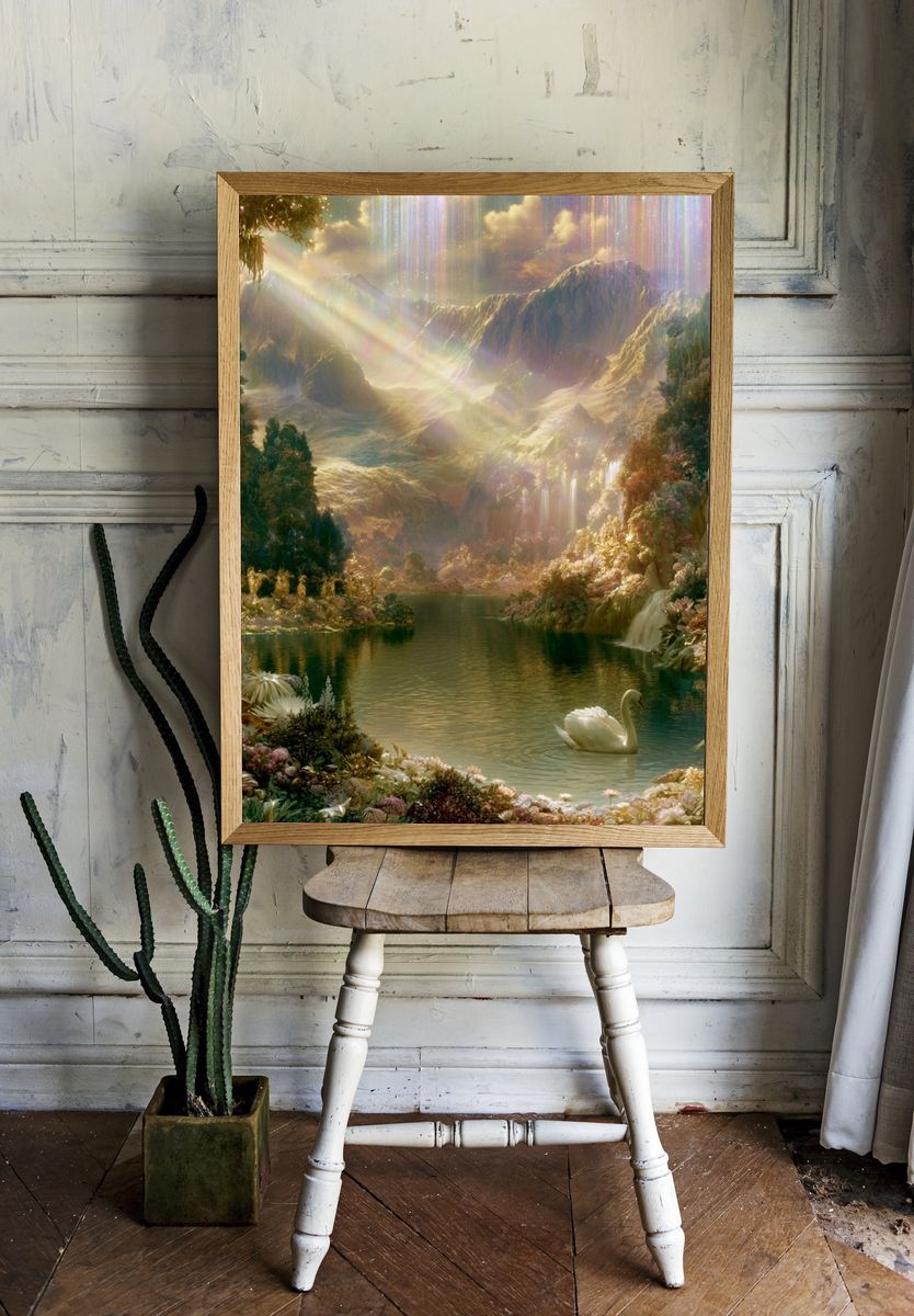 Enchanted Mountain Lake Fantasy Print. room preview