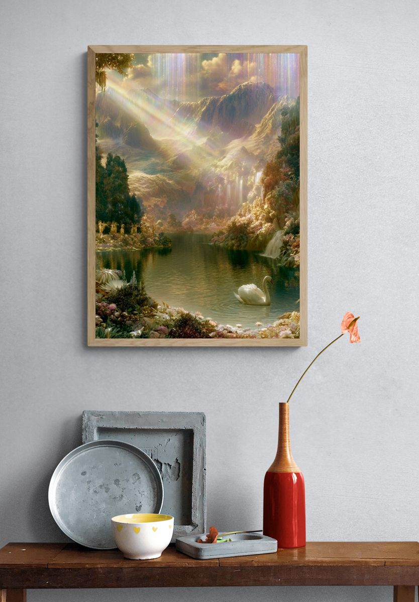 Enchanted Mountain Lake Fantasy Print. — room view 3