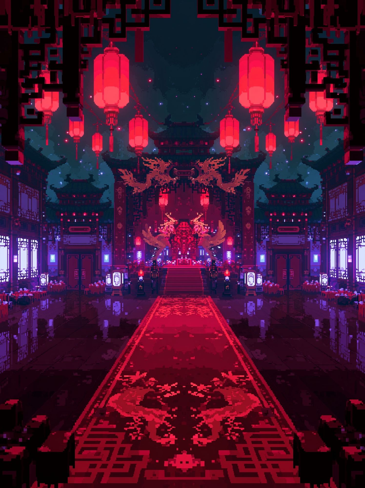 Neon Temple Hallway Digital Art Poster. poster detail
