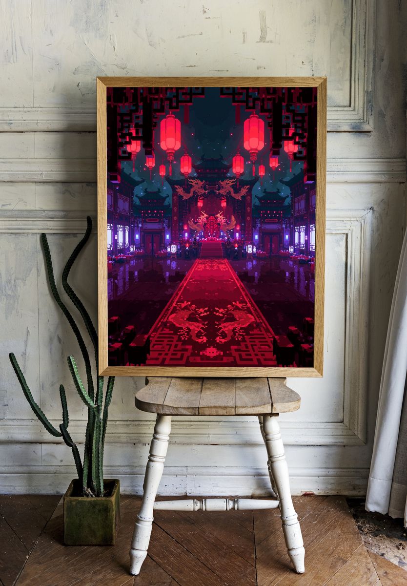 Neon Temple Hallway Digital Art Poster. — room view 1