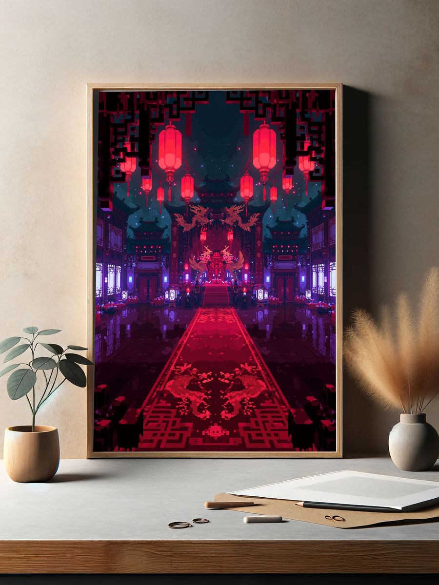 Neon Temple Hallway Digital Art Poster. — room view 2