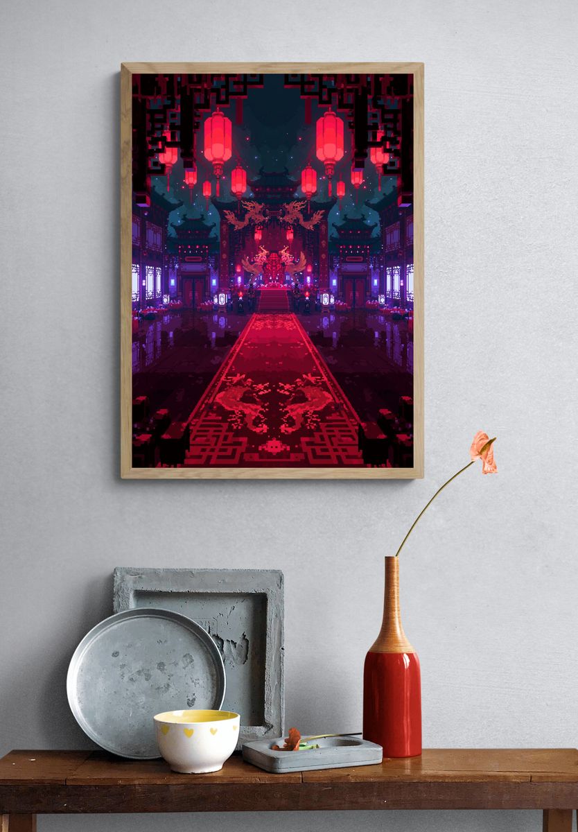 Neon Temple Hallway Digital Art Poster. — room view 3