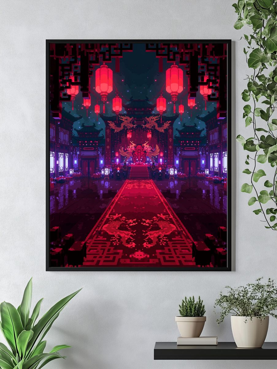 Neon Temple Hallway Digital Art Poster. — room view 4
