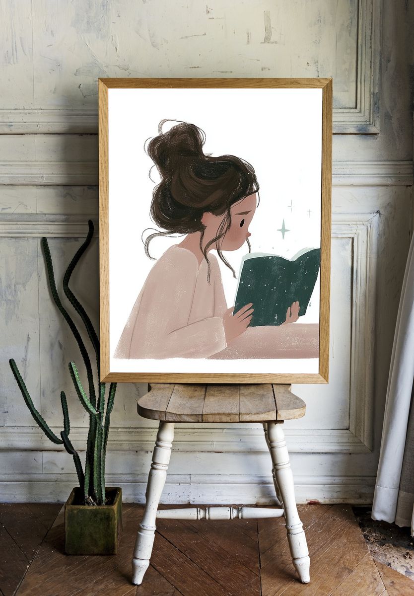 Girl Reading Book Illustration Poster. — room view 1
