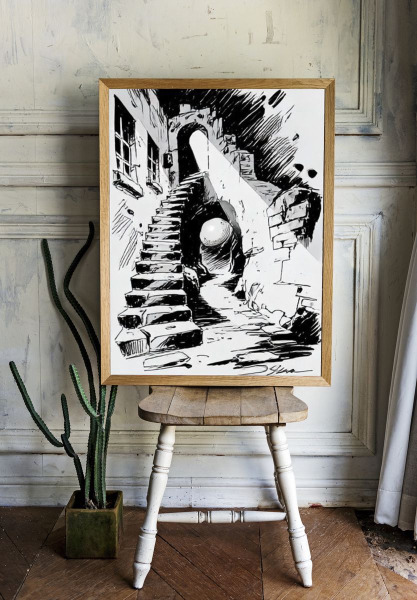 Surreal Staircase Ink Poster. room preview