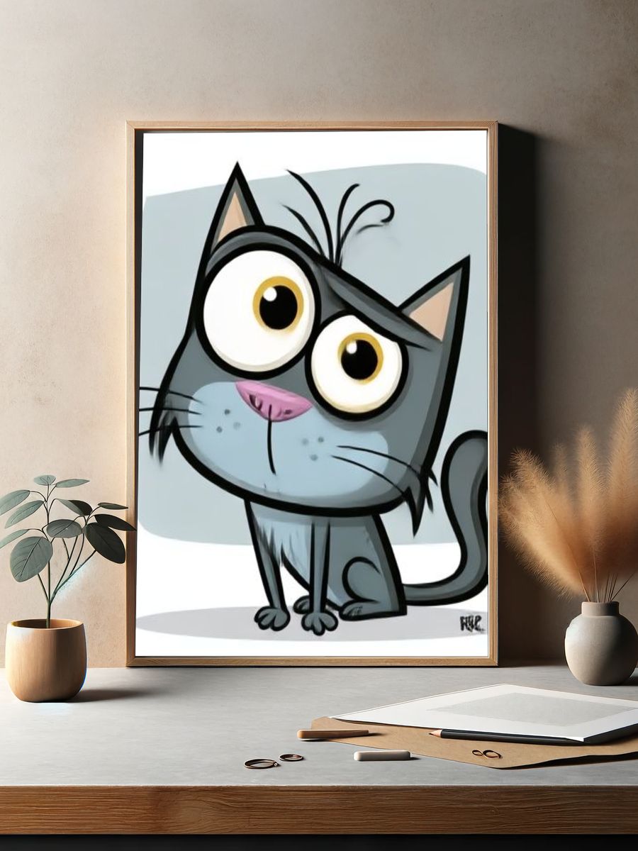 Wide-Eyed Cat Cartoon Poster. — room view 2
