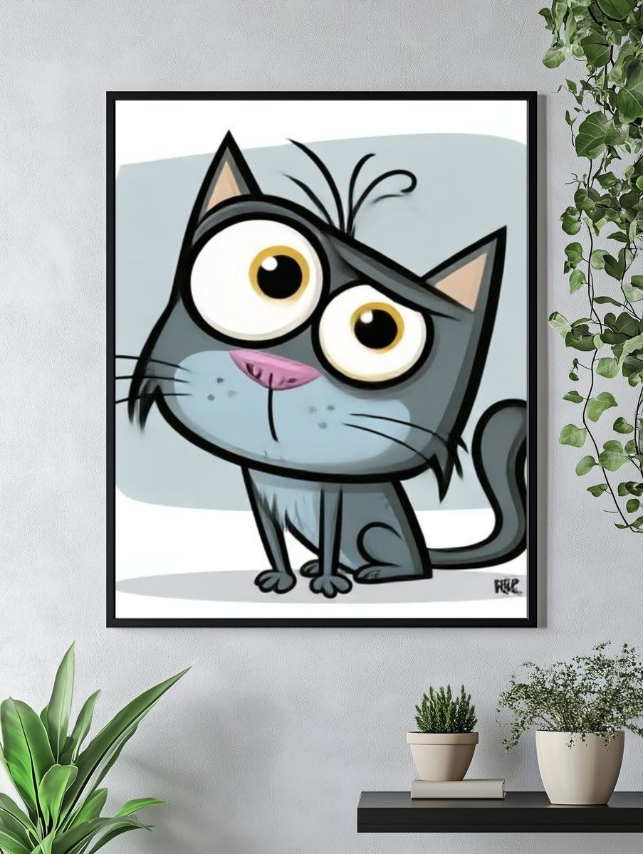 Wide-Eyed Cat Cartoon Poster. — room view 4