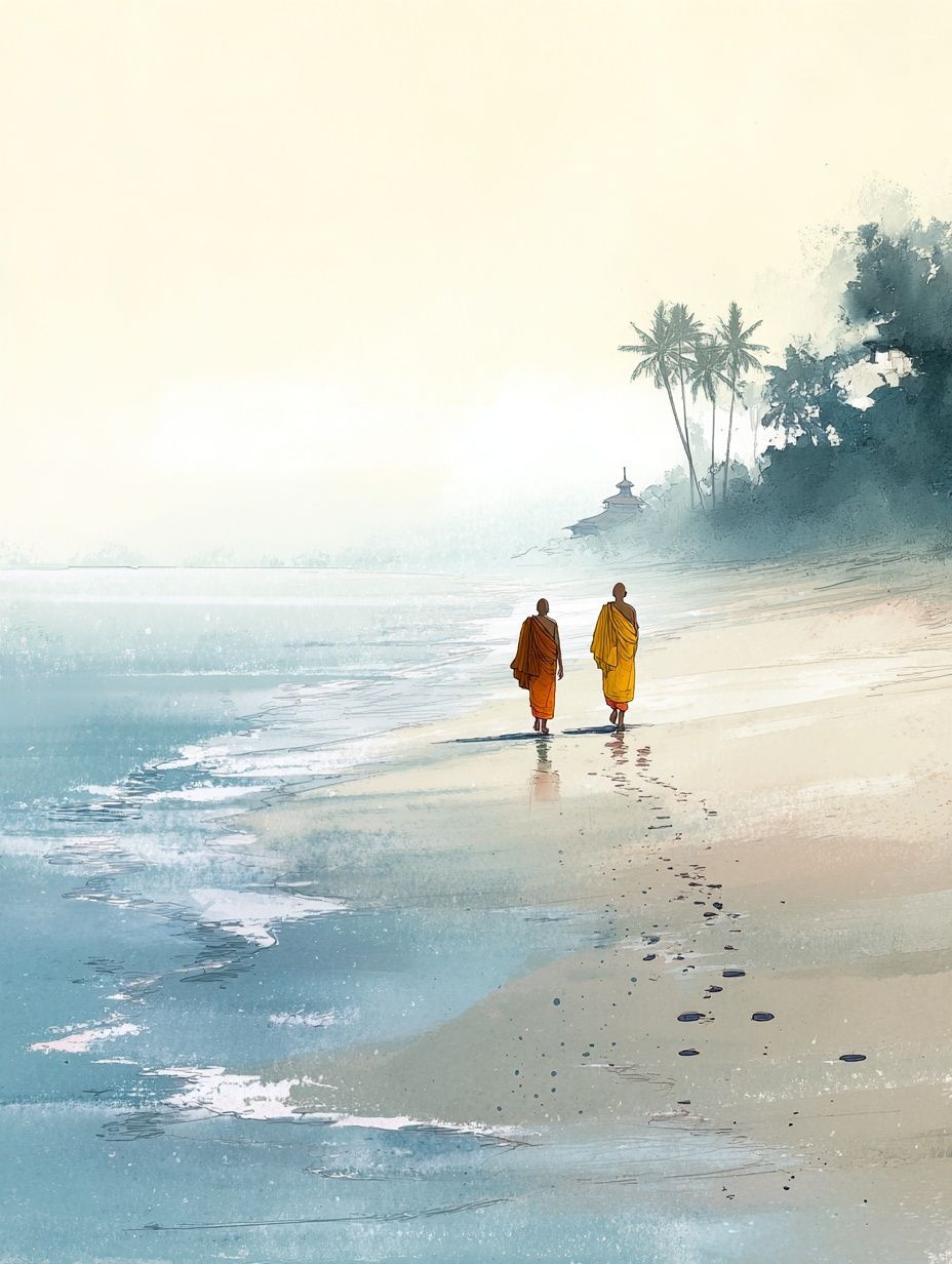 Monks Walking on Beach — Illustration Print. poster — illustration art