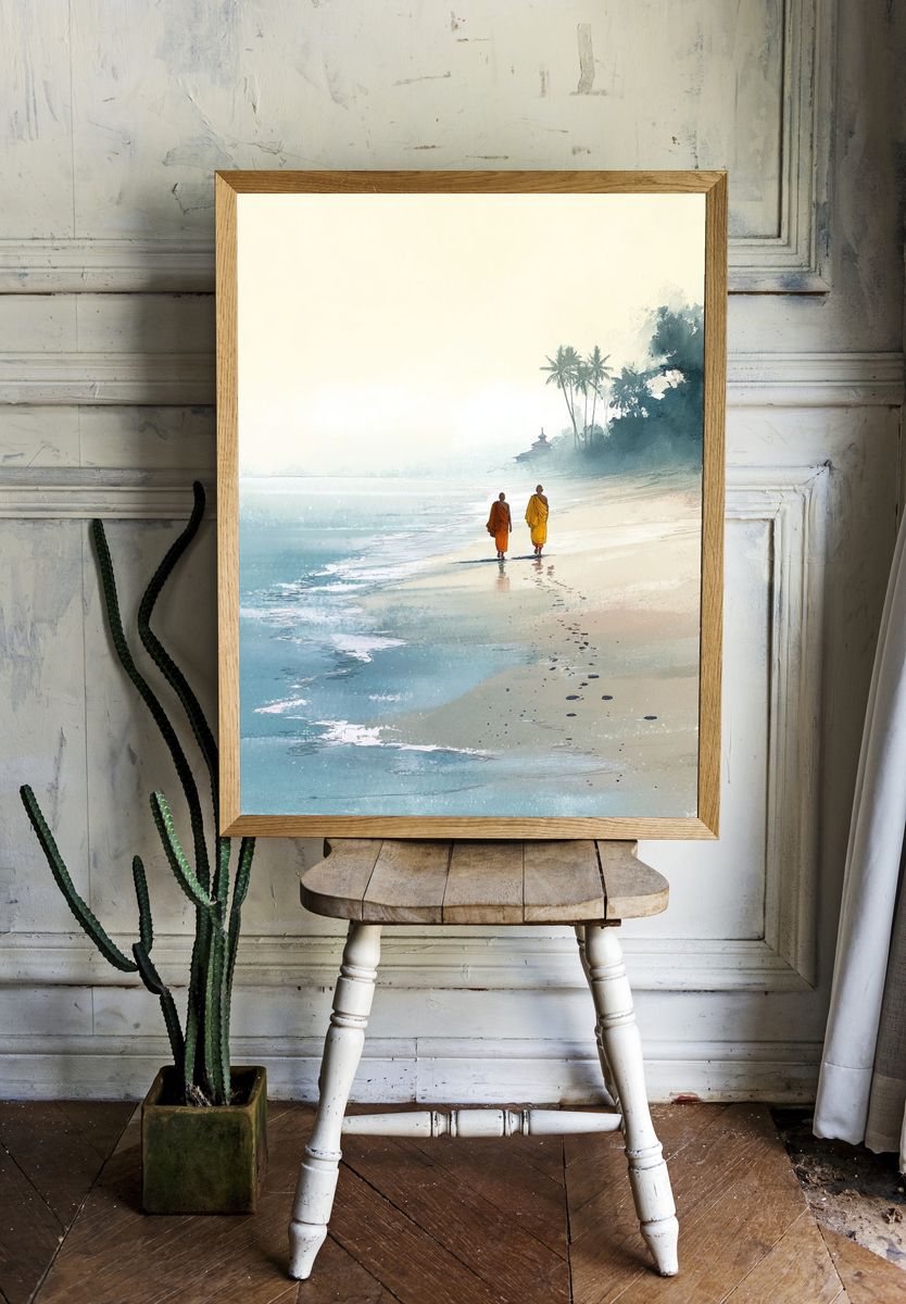 Monks Walking on Beach — Illustration Print room preview