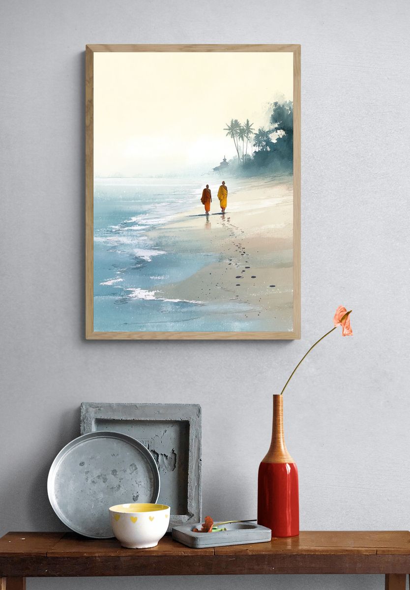 Monks Walking on Beach — Illustration Print. — room view 3