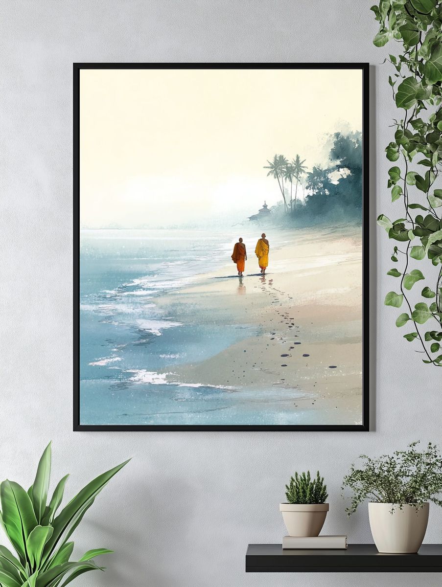Monks Walking on Beach — Illustration Print. — room view 4