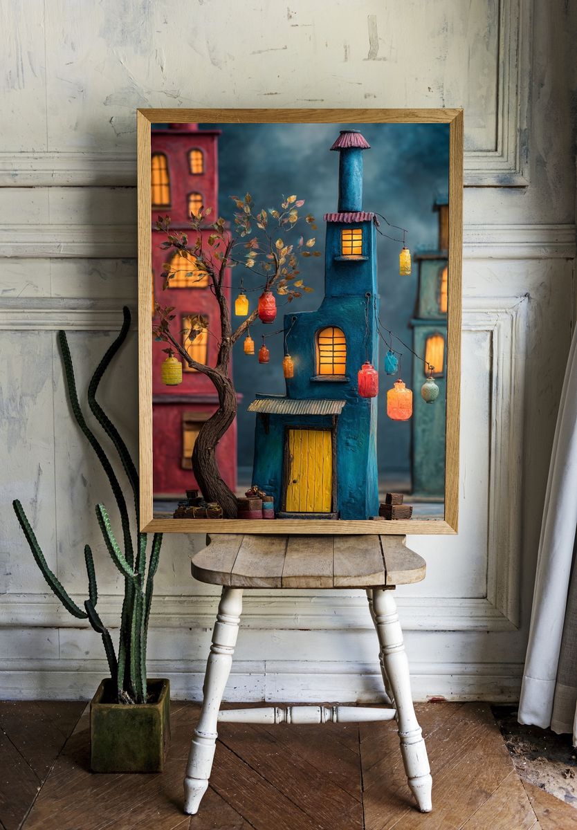 Colorful Village Scene — Illustration Print. room preview