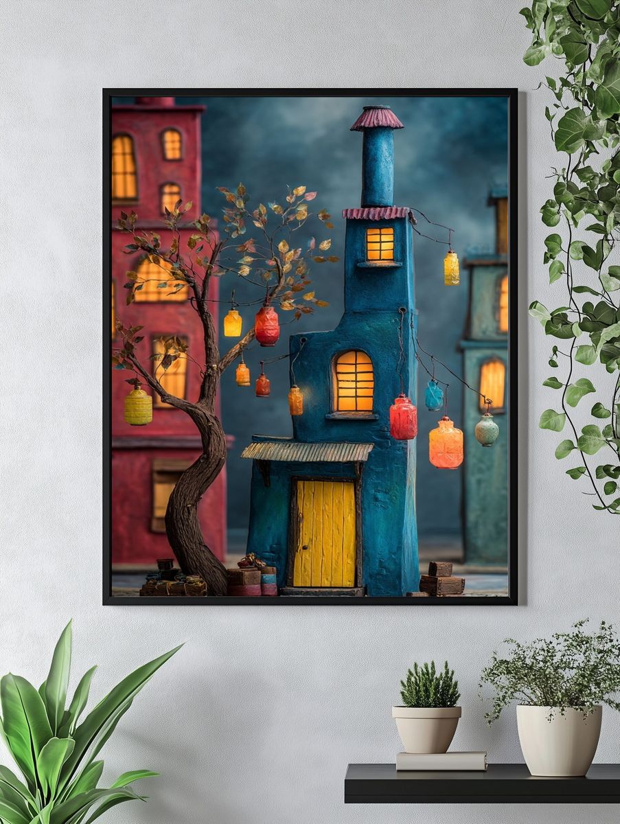 Colorful Village Scene — Illustration Print. — room view 4