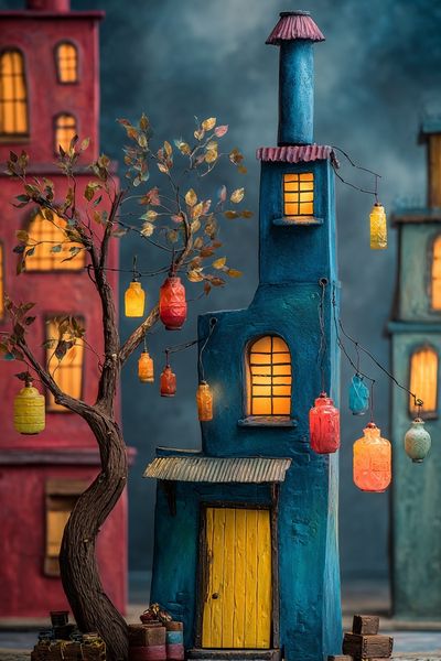 Colorful Village Scene — Illustration Print. poster print