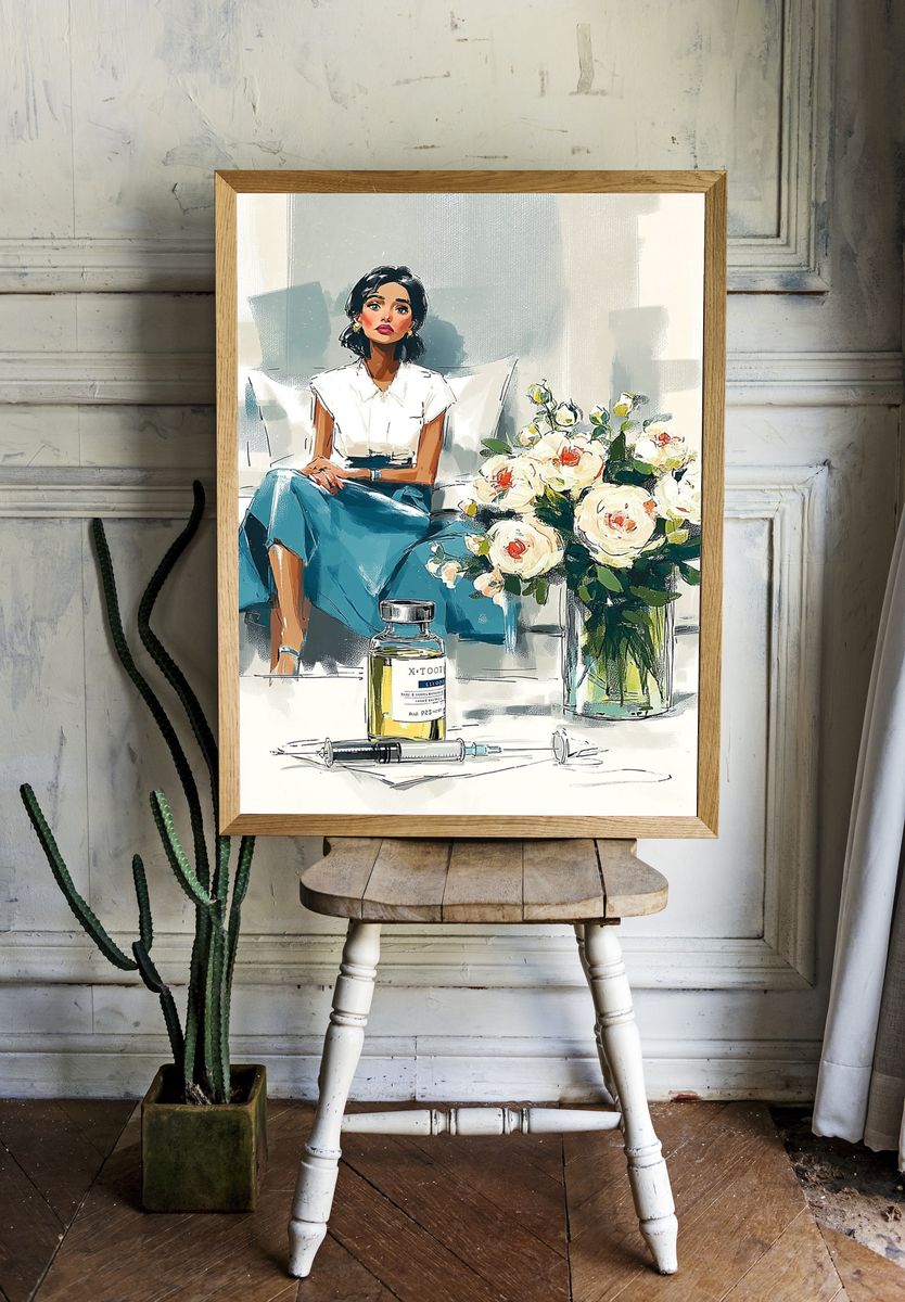 Elegant Woman with Flowers — Illustration Print. room preview