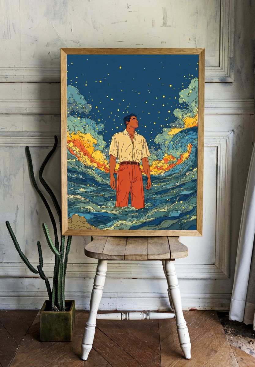 Man in Waves — Illustration Print. — room view 1