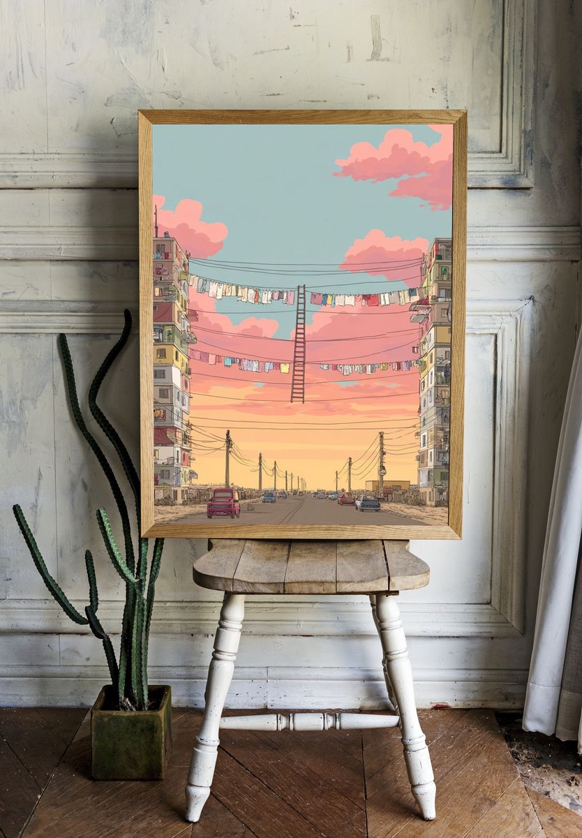 Urban Landscape with Clotheslines — Illustration Print. room preview
