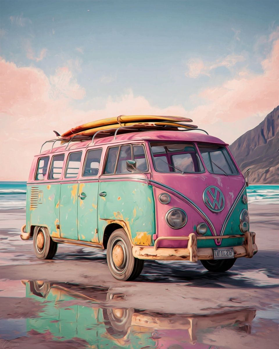 Pastel Surf Van Illustration Print. poster detail