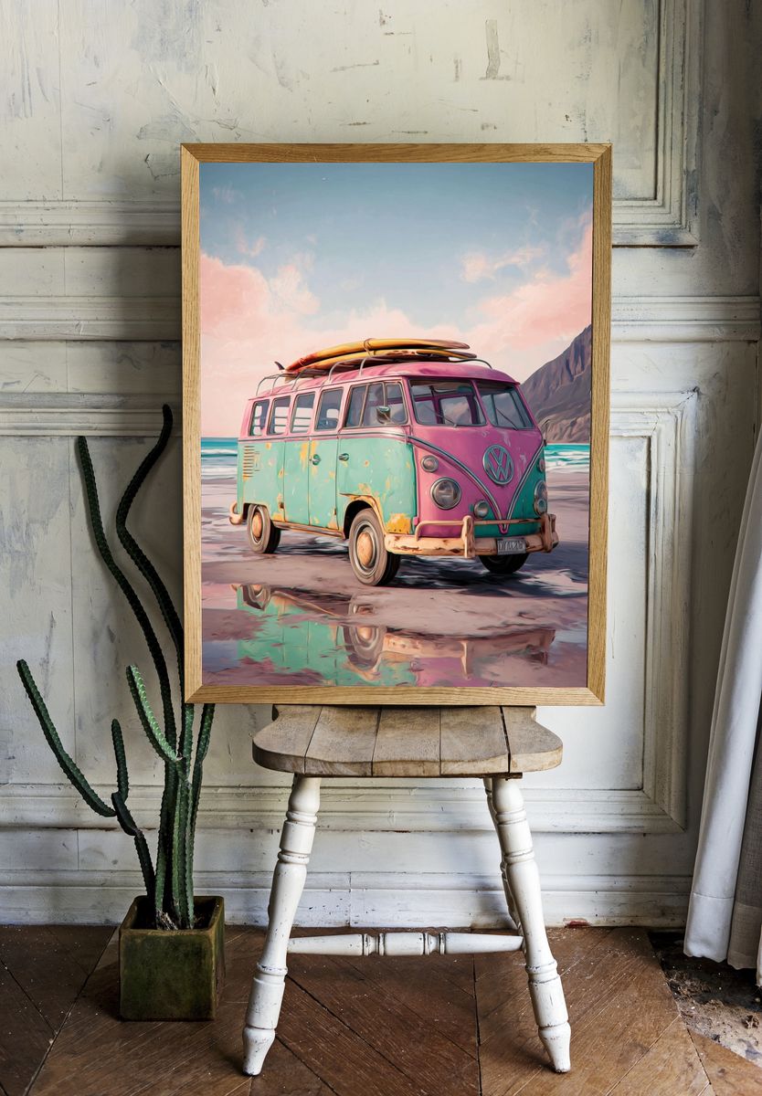 Pastel Surf Van Illustration Print. room preview