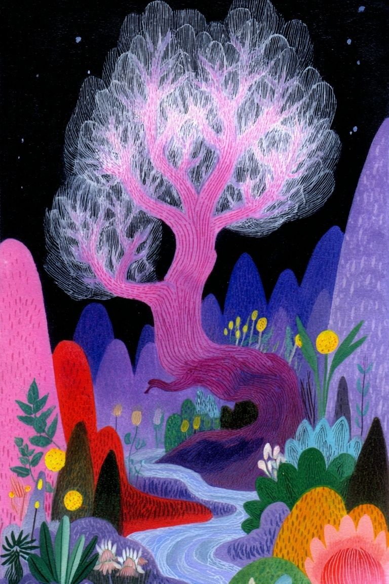 Whimsical Tree Landscape — Illustration Print. poster — illustration art