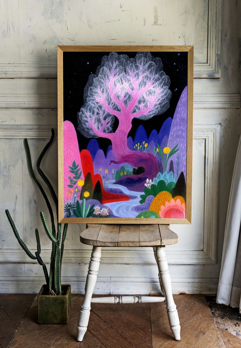 Whimsical Tree Landscape — Illustration Print. room preview