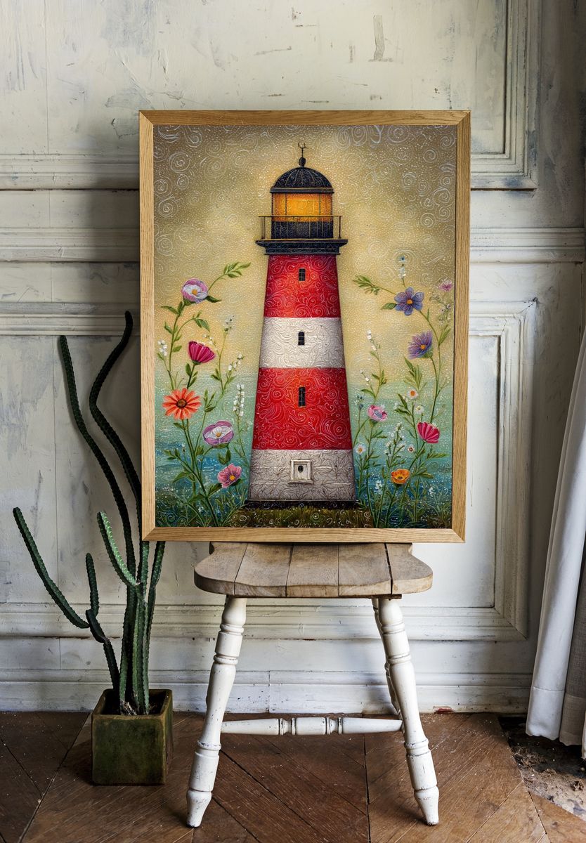 Lighthouse with Flowers — Illustration Print. — room view 1