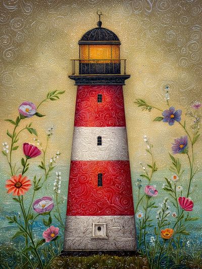 Lighthouse with Flowers — Illustration Print. poster print