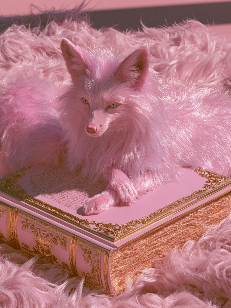 Pink Fox on Ornate Book Poster. poster detail
