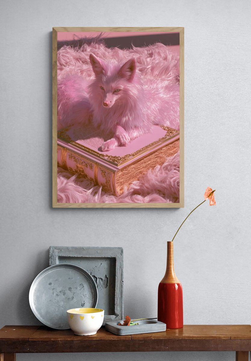 Pink Fox on Ornate Book Poster. — room view 3