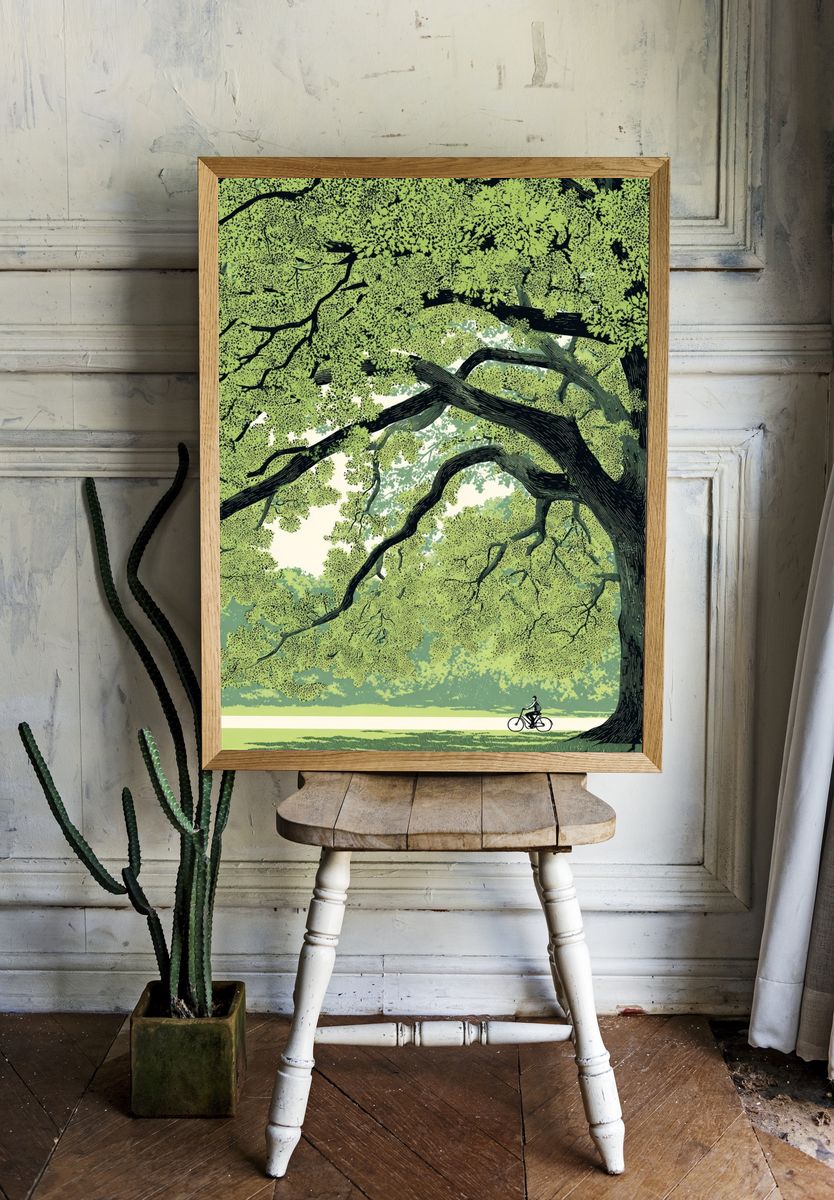 Bicyclist Under a Canopy — Illustration Print. — room view 1